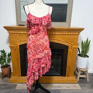 Asymmetrical fairy ruffles coquette body hugging spaghetti straps floral dress